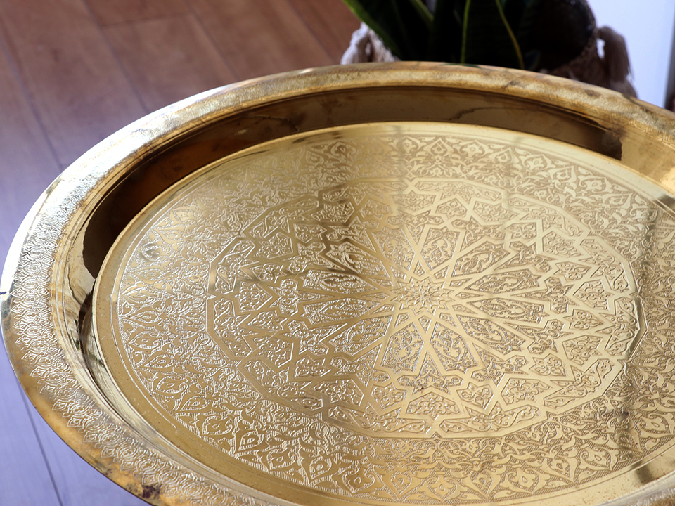 ヴィンテージ エジプト アラベスク模様 銅製トレイ 丸盆 中古